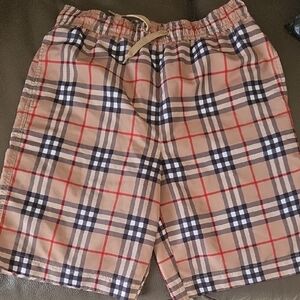Burberry Beige Plaid Kids Swim Shorts with Red and Black Accents